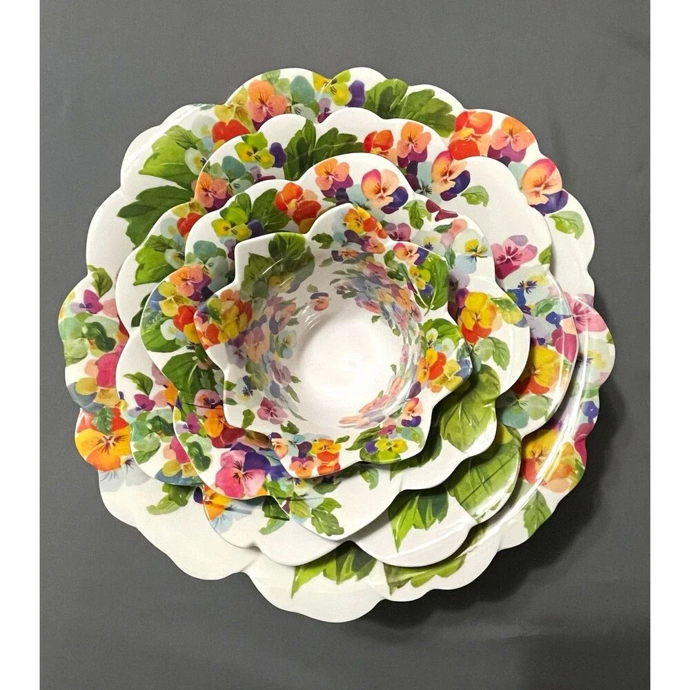 Rachael Zoe Melamine Floral Scalloped Dinner Set 4 Piece Bowls, Dishwasher Safe